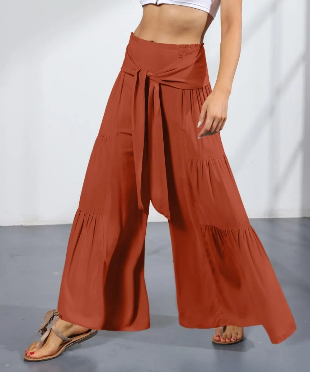 Womens Wide Leg Flared Pants Casual Long Palazzo Pants Flowy Lounge Pants High Waist Tie Knot Beach Trousers
