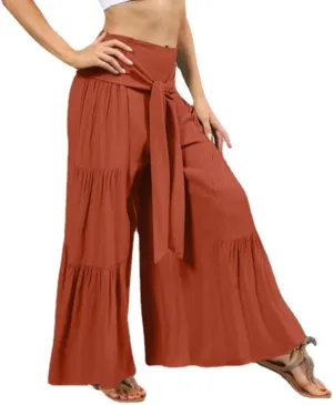 Womens Wide Leg Flared Pants Casual Long Palazzo Pants Flowy Lounge Pants High Waist Tie Knot Beach Trousers