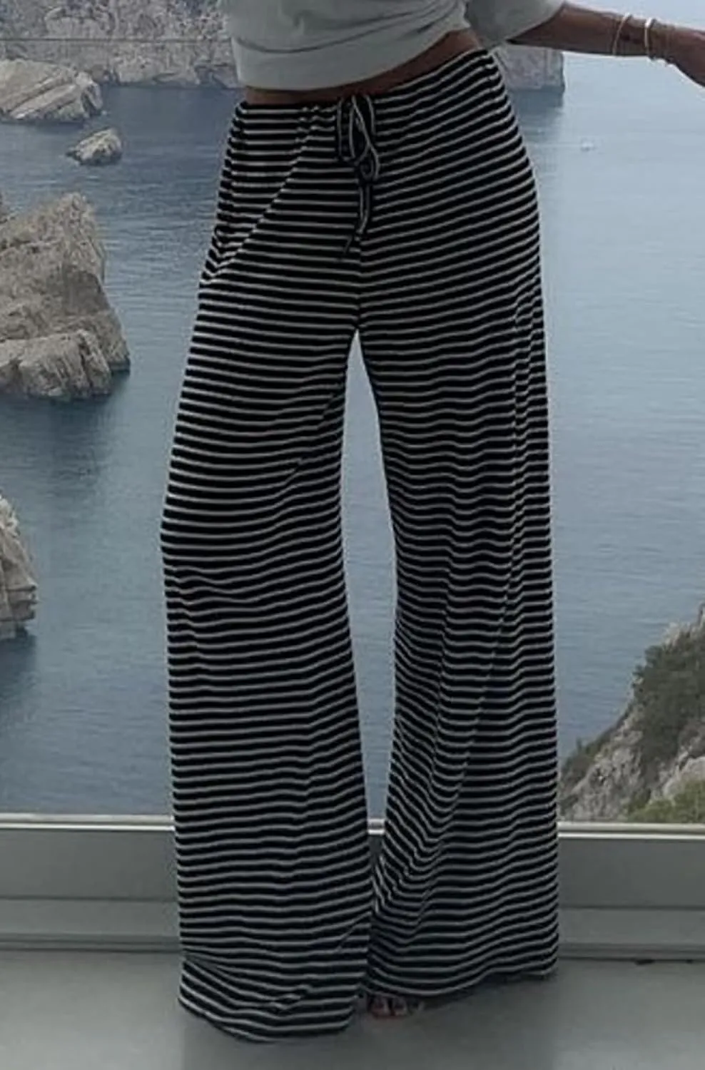 Women's Wide Leg Striped Pajama Pants Casual Elastic Waist Lounge Pants Stretch Pajama Bottoms Trousers