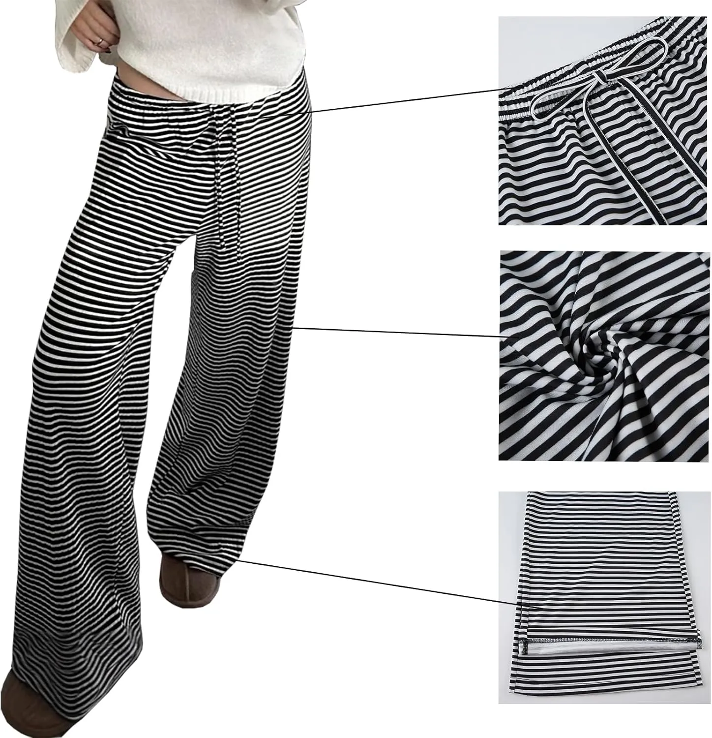 Women's Wide Leg Striped Pajama Pants Casual Elastic Waist Lounge Pants Stretch Pajama Bottoms Trousers