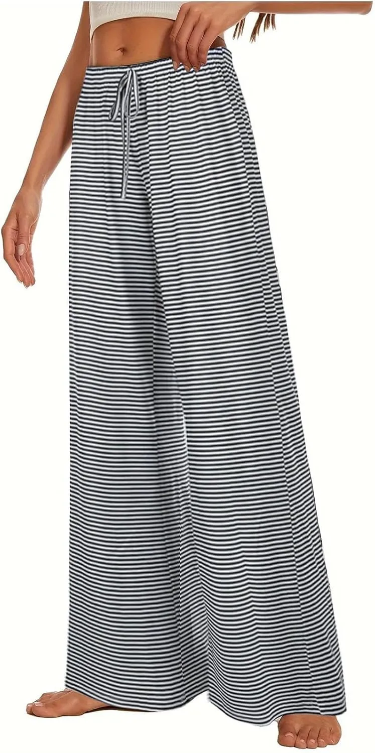 Women's Wide Leg Striped Pajama Pants Casual Elastic Waist Lounge Pants Stretch Pajama Bottoms Trousers