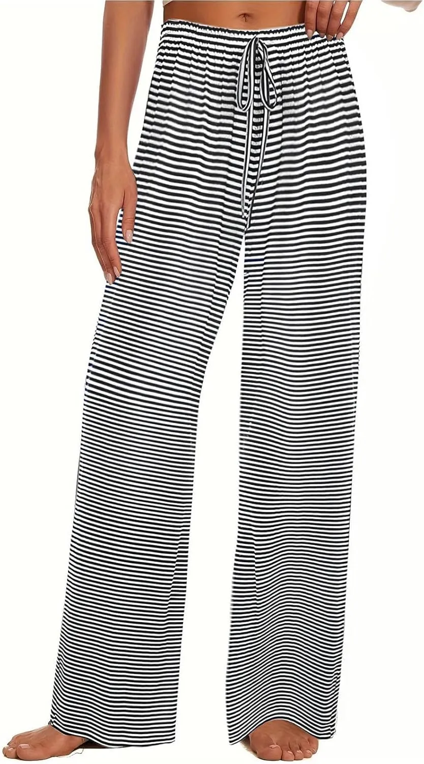 Women's Wide Leg Striped Pajama Pants Casual Elastic Waist Lounge Pants Stretch Pajama Bottoms Trousers