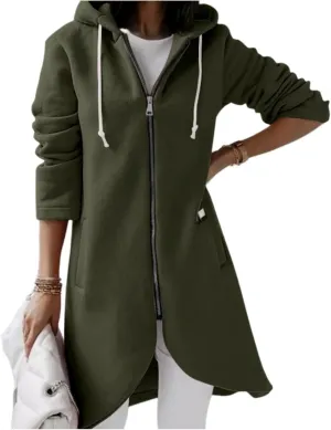 Womens Zip Up Hoodie Trendy Drawstring Oversized Long Hooded Sweatshirts Cute Tunic Irregular Hem Jackets Loose Coats