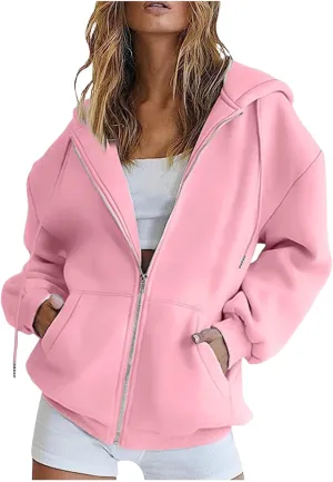 Womens Zip Up Y2k Hoodies Fall Fashion Oversized Long Sleeve Hooded Sweatshirt Casual Lightweight Jackets