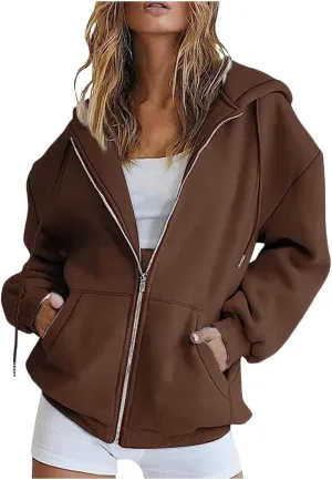 Womens Zip Up Y2k Hoodies Fall Fashion Oversized Long Sleeve Hooded Sweatshirt Casual Lightweight Jackets
