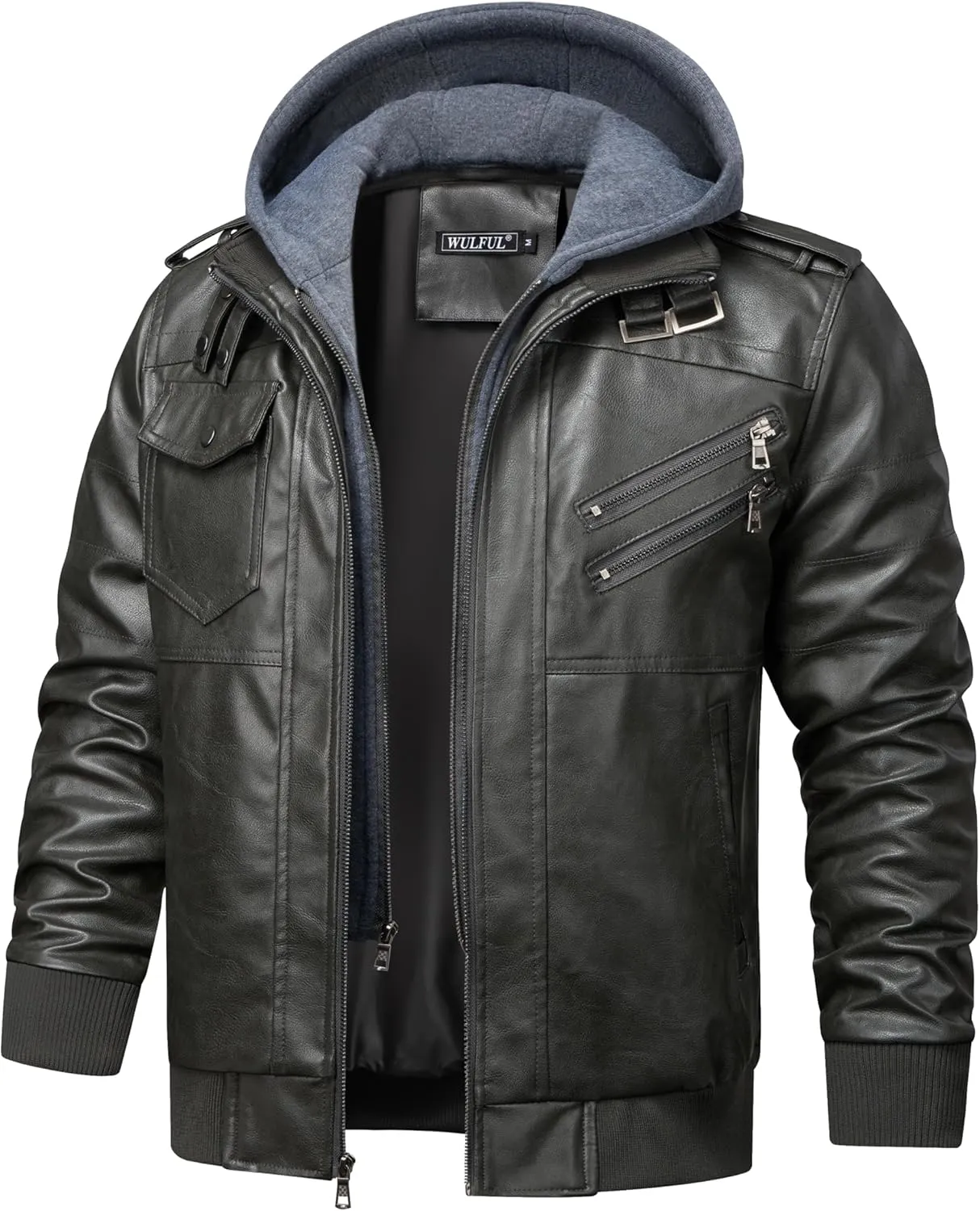 WULFUL Men's Leather Jackets, Faux Leather Jacket for Men Lapel Zip-Up Slim Fit Coat