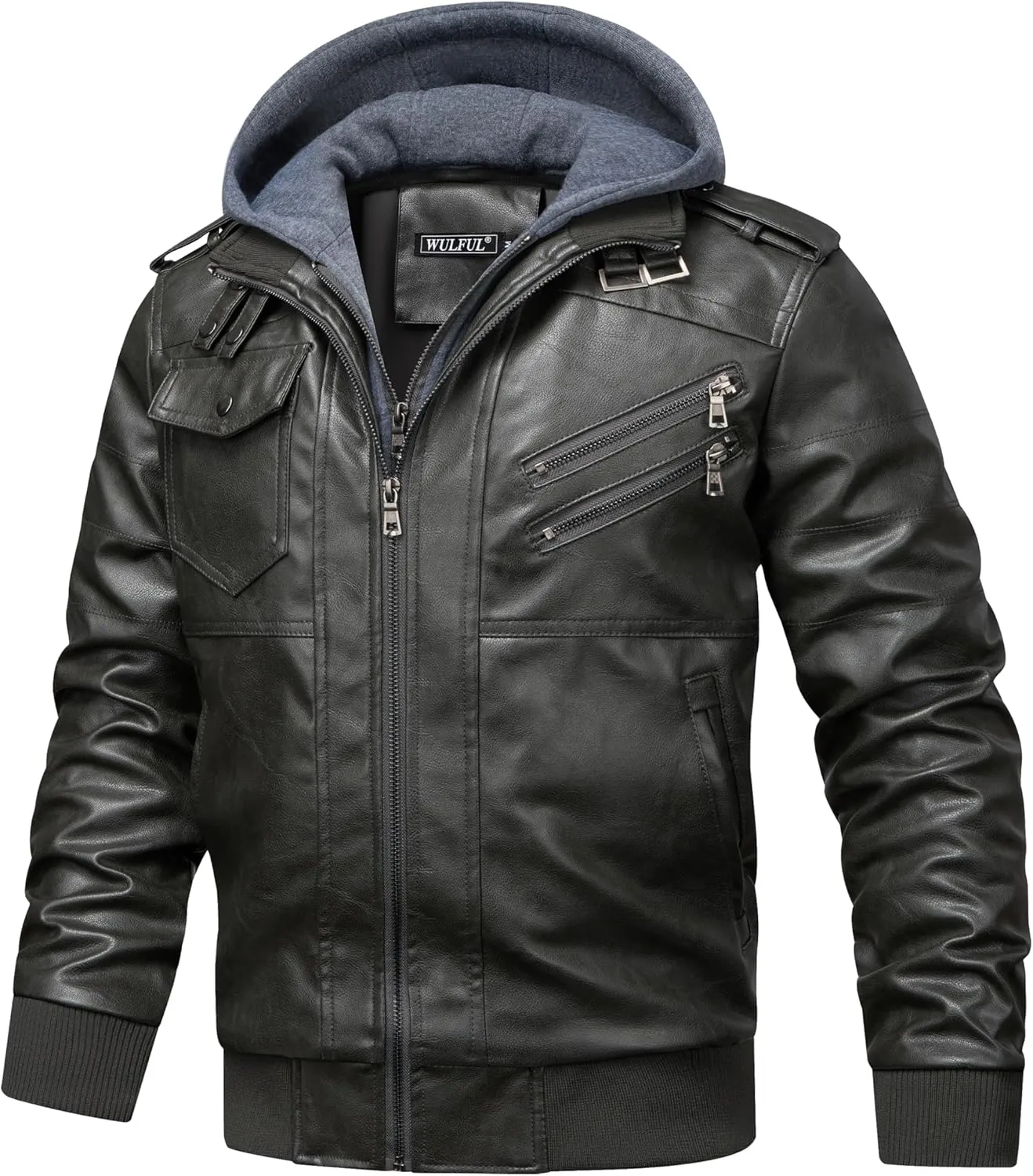 WULFUL Men's Leather Jackets, Faux Leather Jacket for Men Lapel Zip-Up Slim Fit Coat