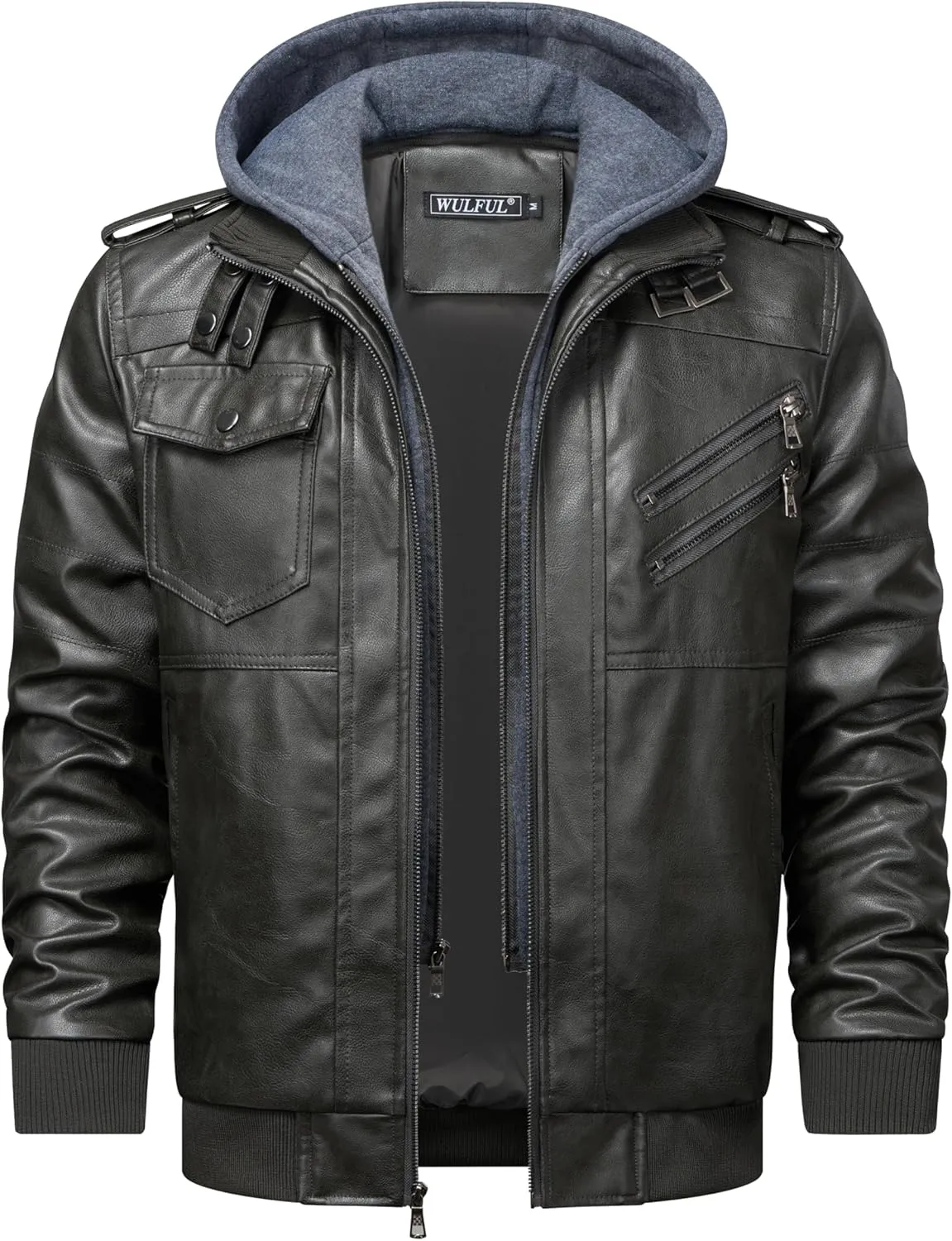 WULFUL Men's Leather Jackets, Faux Leather Jacket for Men Lapel Zip-Up Slim Fit Coat