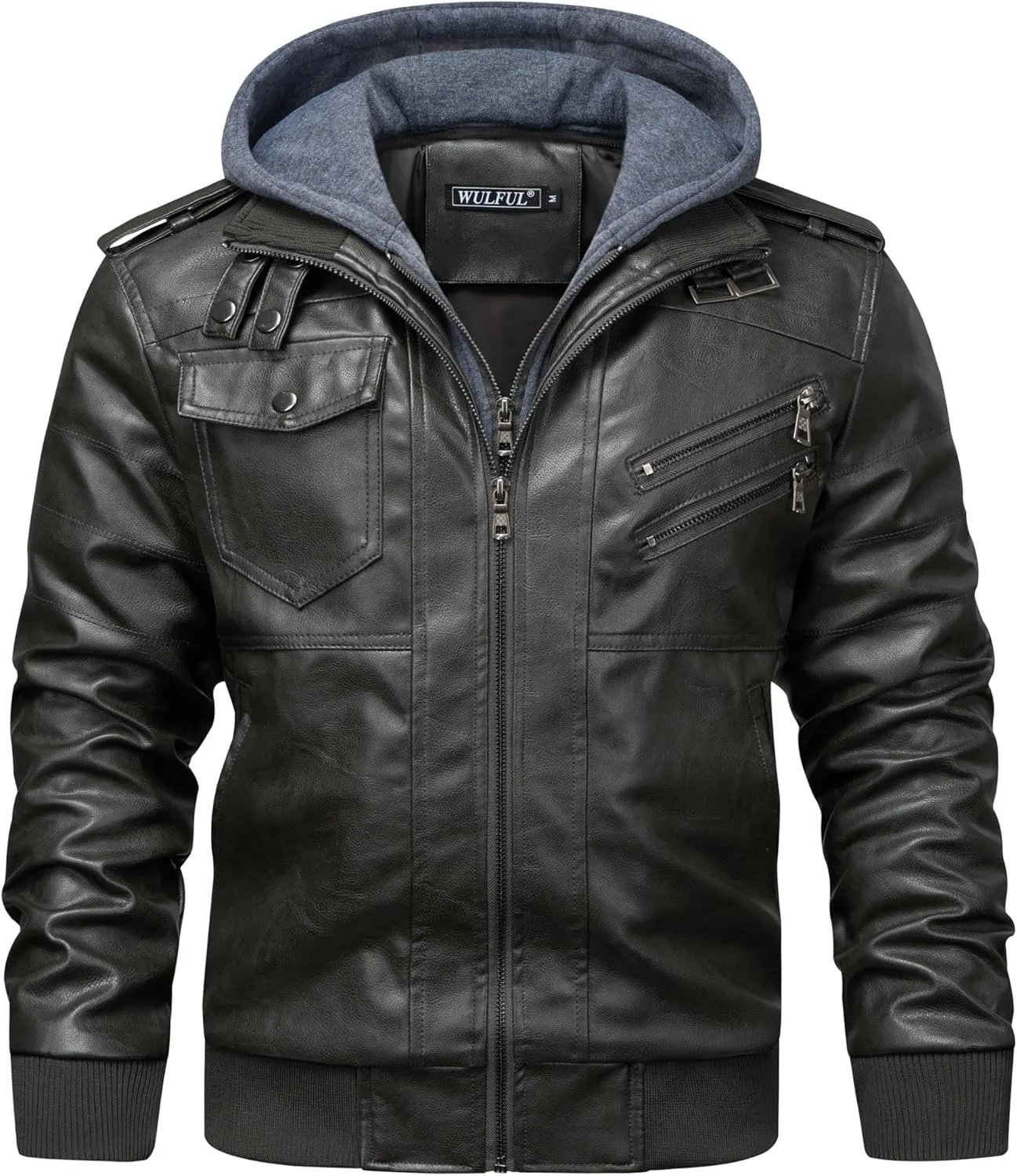 WULFUL Men's Leather Jackets, Faux Leather Jacket for Men Lapel Zip-Up Slim Fit Coat