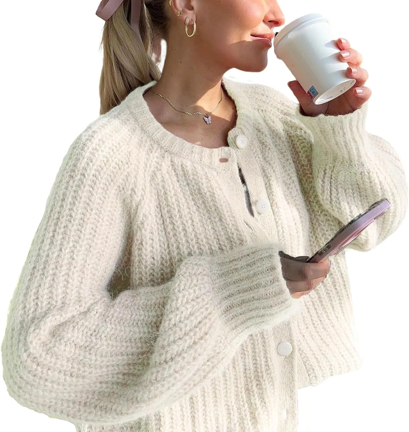 Wyeysyt Womens Cardigan Sweater Button Down Long Sleeve Chunky Soft Knit Sweater Fall Open Front Loose Casual Cardigan Coat(Beige-S)