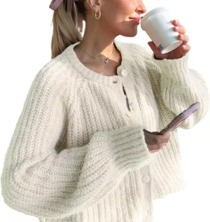 Wyeysyt Womens Cardigan Sweater Button Down Long Sleeve Chunky Soft Knit Sweater Fall Open Front Loose Casual Cardigan Coat(Beige-S)