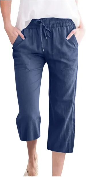 XUNRYAN Capris for Women Casual Summer 2023 Capri Leggings Lightweight High Waist Linen Cargo Pants Pockets Cropped Trousers