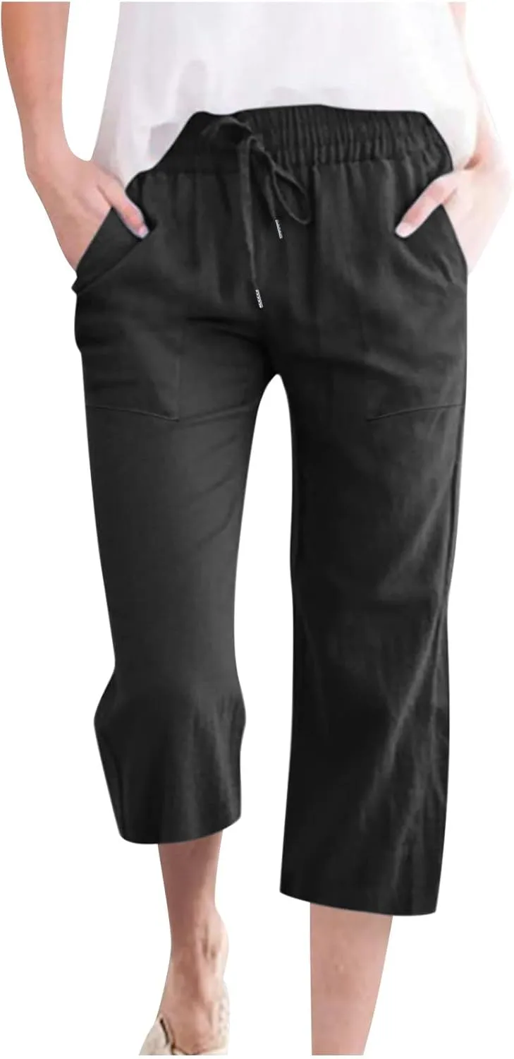XUNRYAN Capris for Women Casual Summer 2023 Capri Leggings Lightweight High Waist Linen Cargo Pants Pockets Cropped Trousers