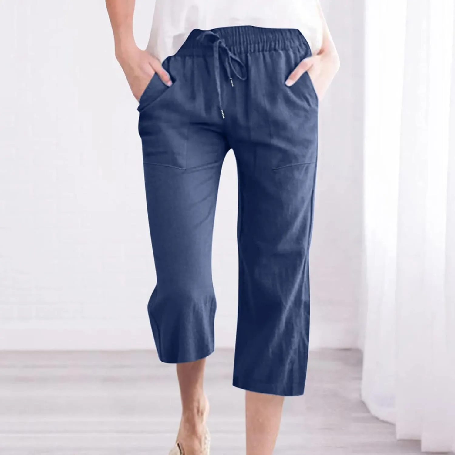 XUNRYAN Capris for Women Casual Summer 2023 Capri Leggings Lightweight High Waist Linen Cargo Pants Pockets Cropped Trousers