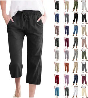 XUNRYAN Capris for Women Casual Summer 2023 Capri Leggings Lightweight High Waist Linen Cargo Pants Pockets Cropped Trousers