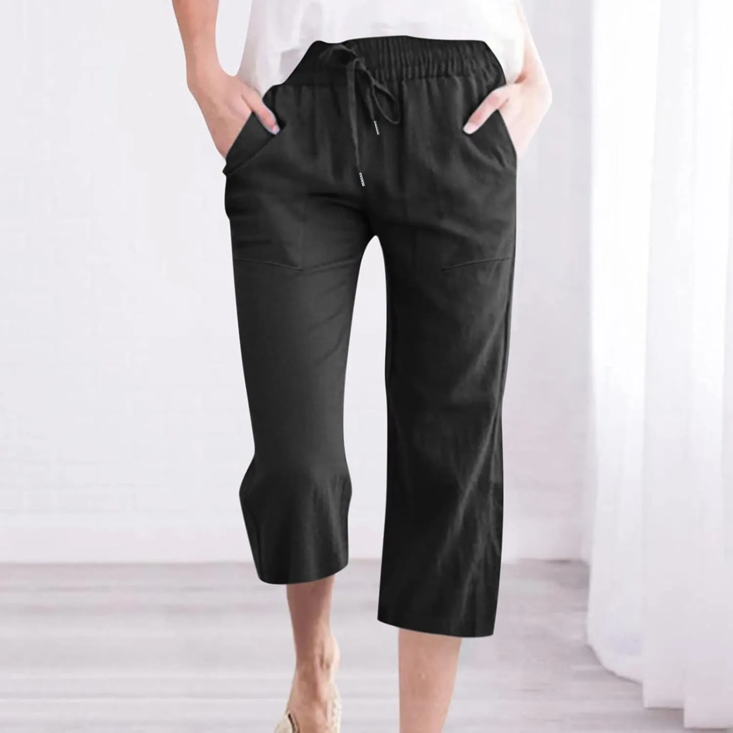 XUNRYAN Capris for Women Casual Summer 2023 Capri Leggings Lightweight High Waist Linen Cargo Pants Pockets Cropped Trousers