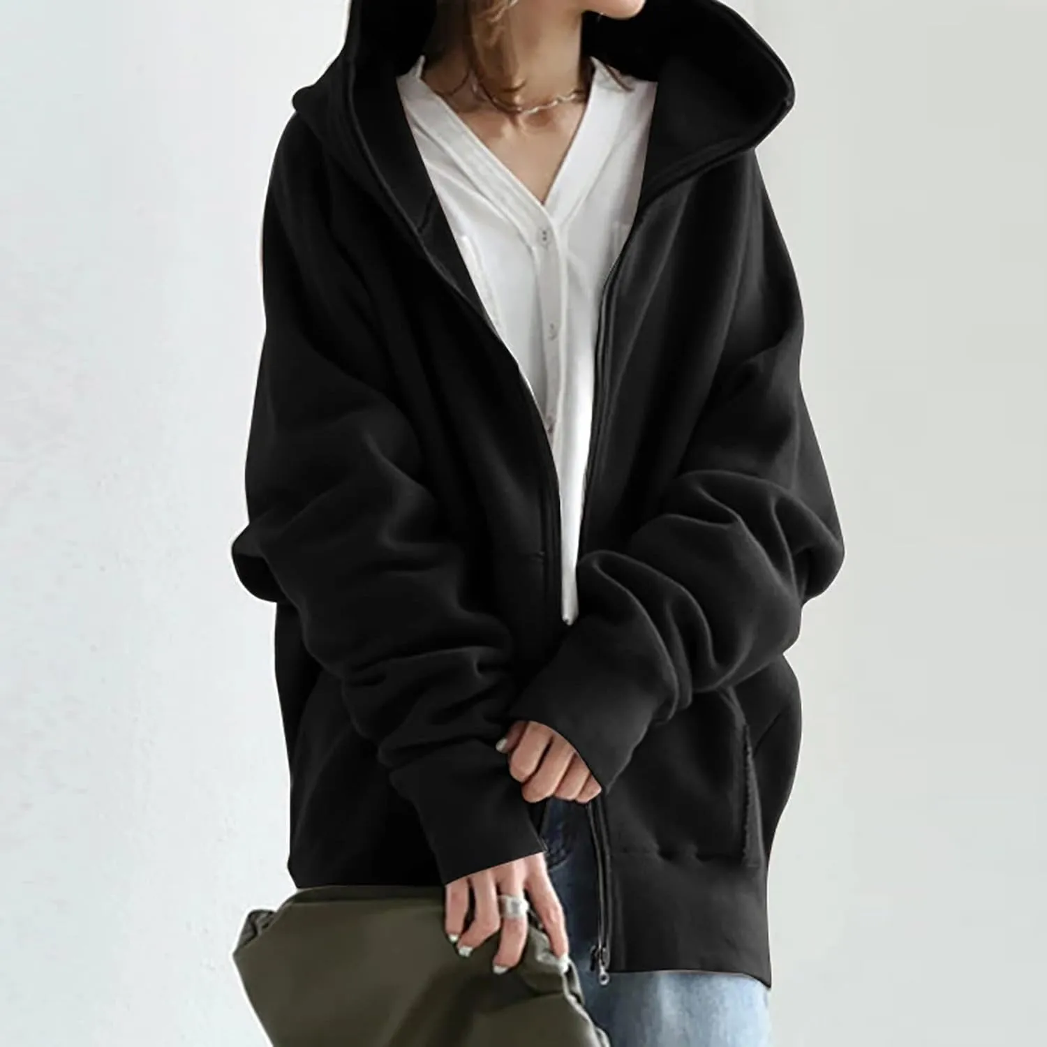XUNRYAN Womens Hoodies Long Teen Girl Fall Fashion 2023 Jacket Oversized Sweatshirts Casual Clothes Zip Up Hoodie Pockets