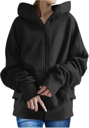 XUNRYAN Womens Hoodies Long Teen Girl Fall Fashion 2023 Jacket Oversized Sweatshirts Casual Clothes Zip Up Hoodie Pockets