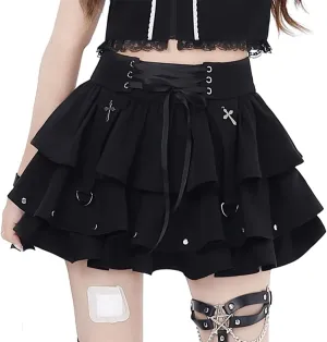 Y2K Punk Kawaii Gothic Clothes Casual High Waist Rivet Trim Ribbon Black Ruffle Pleated Tiered Short Skirt