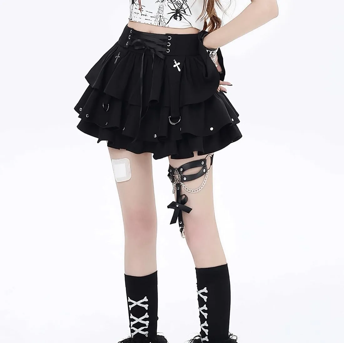 Y2K Punk Kawaii Gothic Clothes Casual High Waist Rivet Trim Ribbon Black Ruffle Pleated Tiered Short Skirt