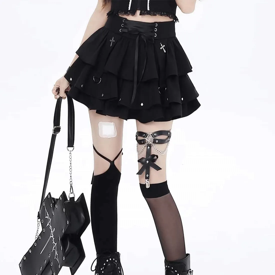 Y2K Punk Kawaii Gothic Clothes Casual High Waist Rivet Trim Ribbon Black Ruffle Pleated Tiered Short Skirt