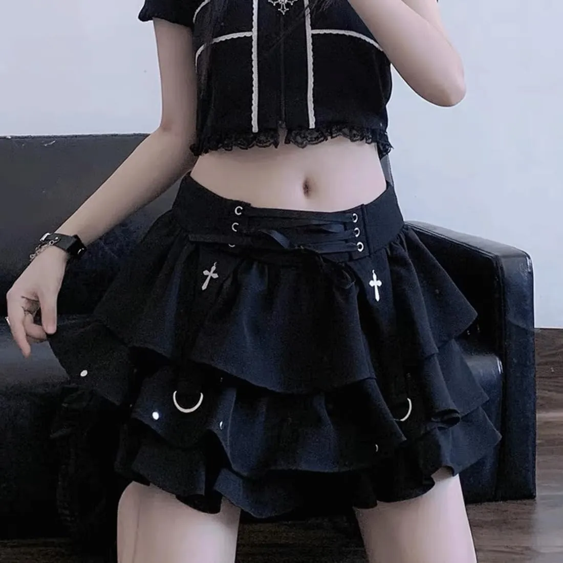 Y2K Punk Kawaii Gothic Clothes Casual High Waist Rivet Trim Ribbon Black Ruffle Pleated Tiered Short Skirt