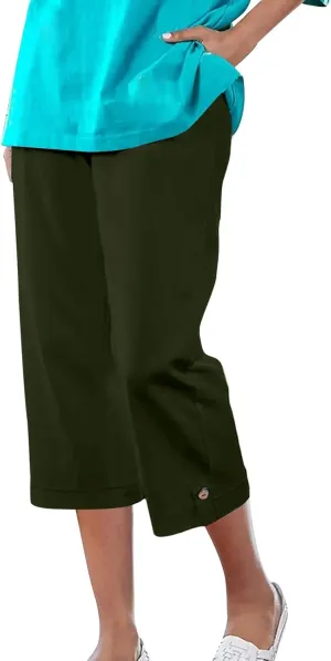 yardsong Capri Pants for Women Cotton Linen Summer Straight Wide Leg Capris Elastic Waist Cropped Trousers with Pockets