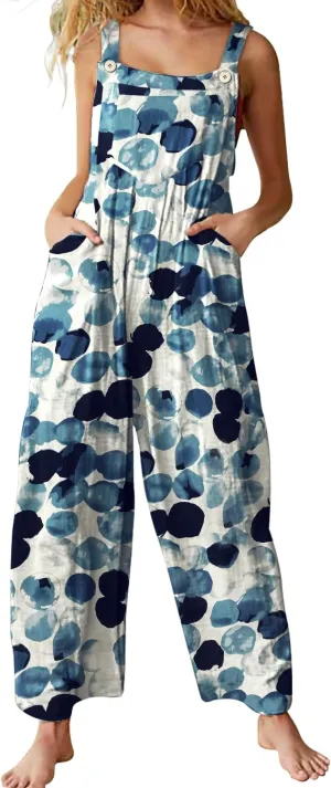 YESNO Overalls for Women Casual Loose Summer Rompers Boho Floral Adjustable Straps Wide Leg Jumpsuits with Pockets PQ2