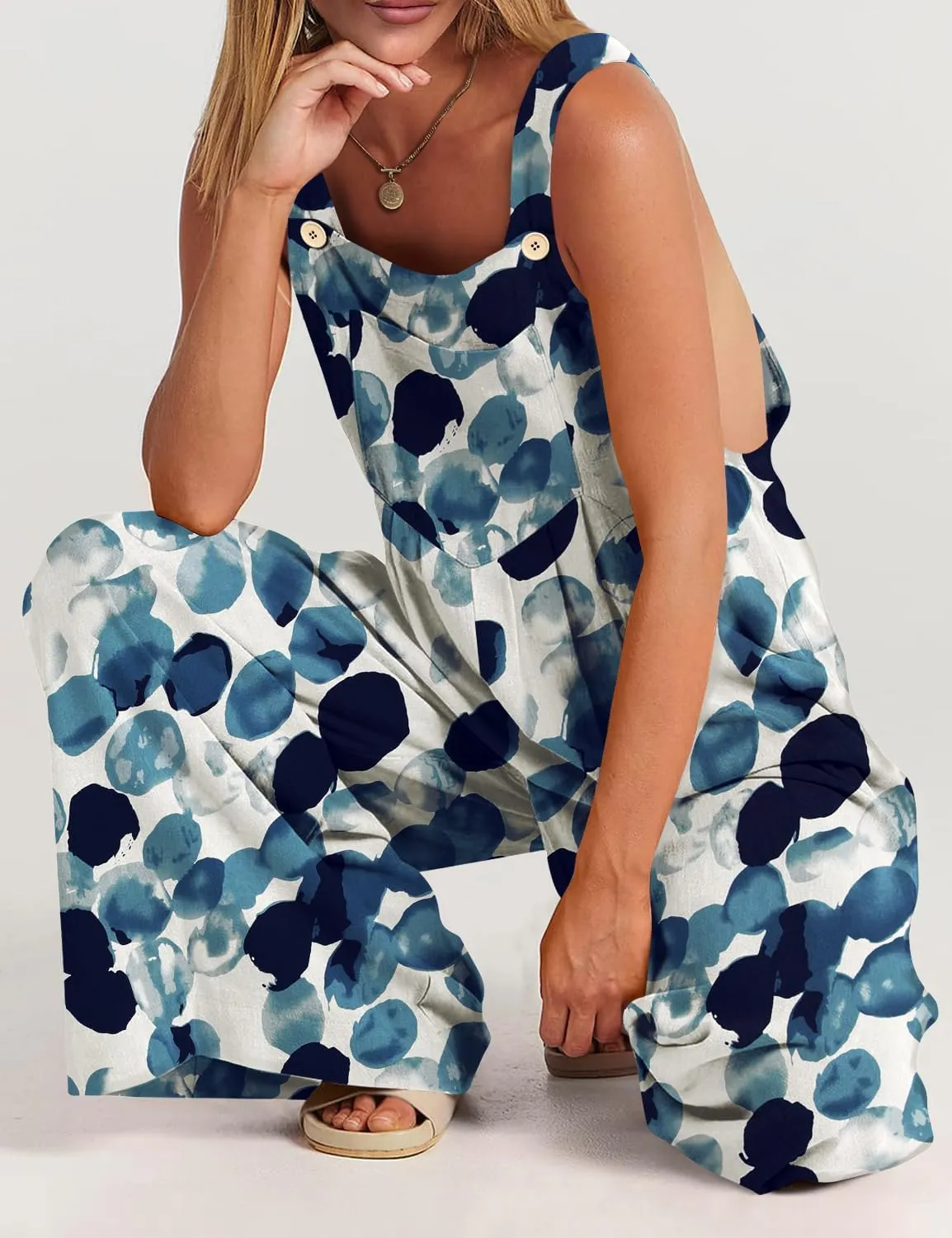 YESNO Overalls for Women Casual Loose Summer Rompers Boho Floral Adjustable Straps Wide Leg Jumpsuits with Pockets PQ2