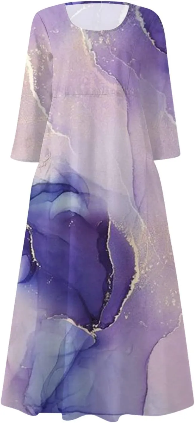 Yesunpxs 3/4 Sleeve Dresses for Women Summer Flowy Long Dress Casual Beach Sundresses Printed Boho Maxi Dresses with Pockets