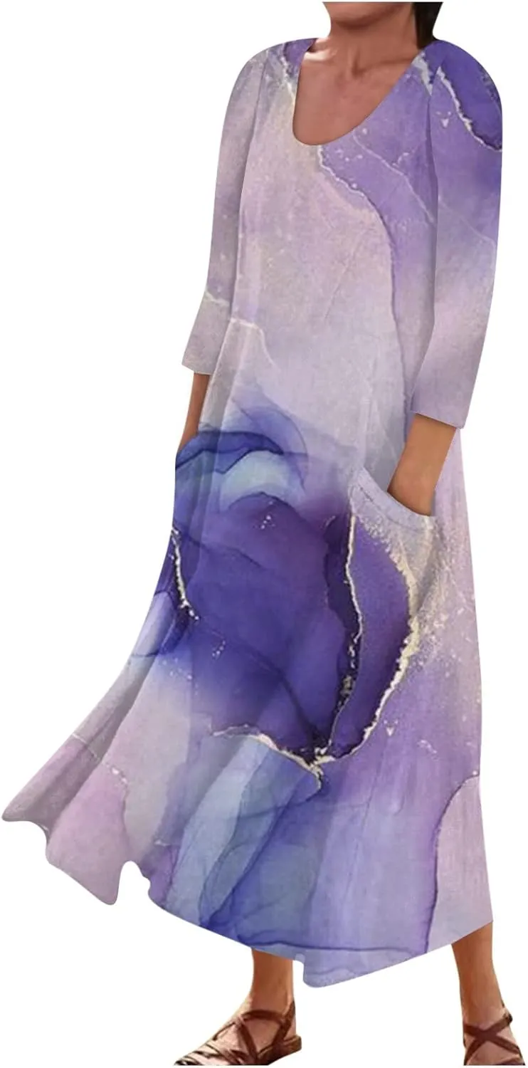 Yesunpxs 3/4 Sleeve Dresses for Women Summer Flowy Long Dress Casual Beach Sundresses Printed Boho Maxi Dresses with Pockets