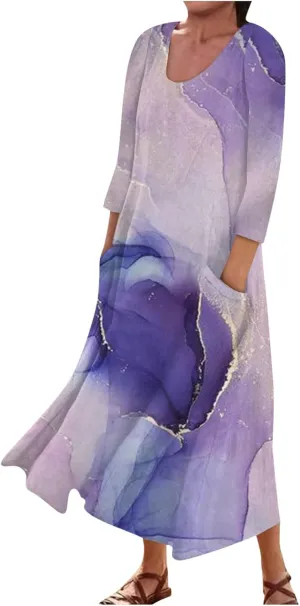 Yesunpxs 3/4 Sleeve Dresses for Women Summer Flowy Long Dress Casual Beach Sundresses Printed Boho Maxi Dresses with Pockets