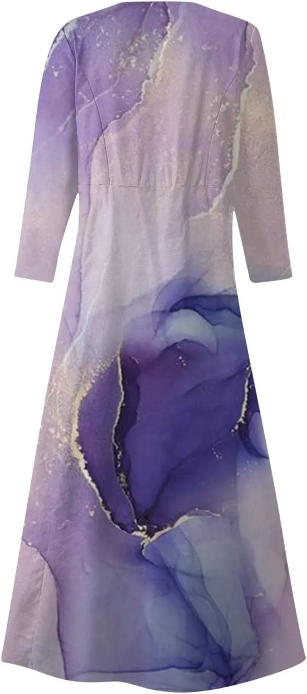 Yesunpxs 3/4 Sleeve Dresses for Women Summer Flowy Long Dress Casual Beach Sundresses Printed Boho Maxi Dresses with Pockets