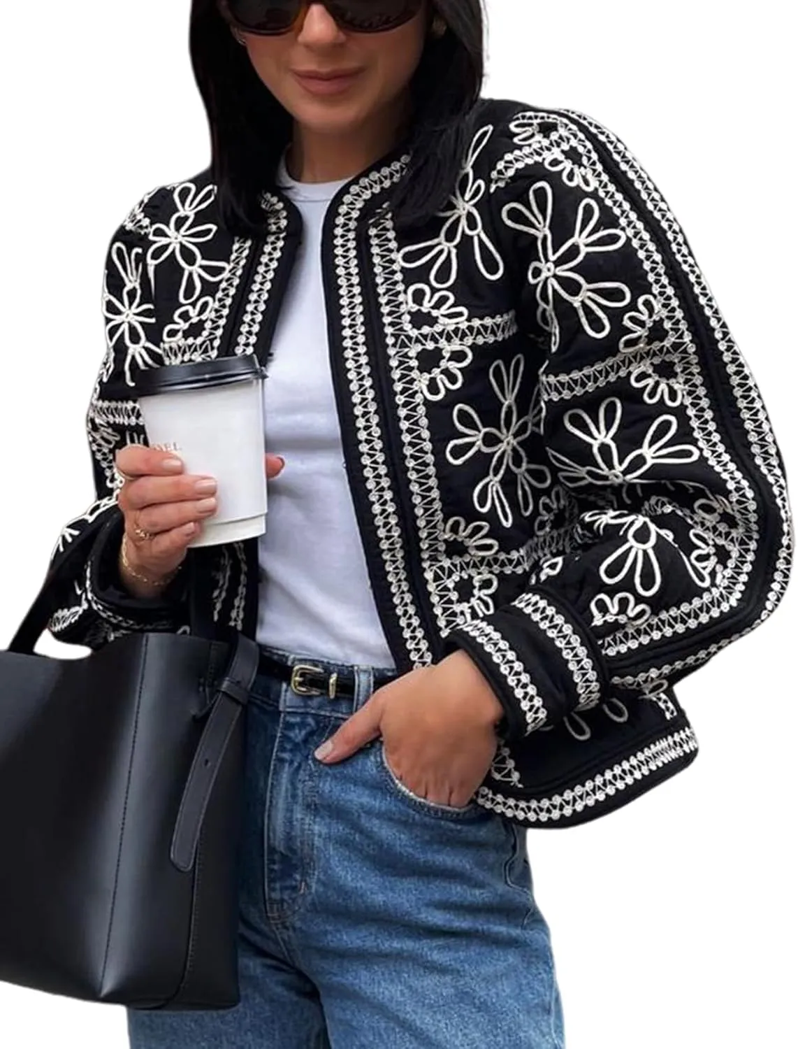 Yimoon Women's Cropped Quilted Puffer Jacket Lightweight Floral Print Padded Coat Open Front Puffy Cardigan Outwear