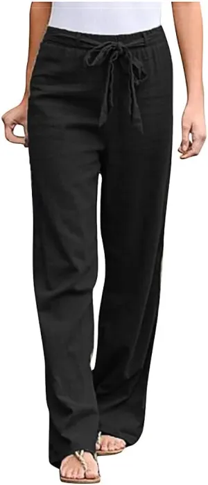 YOLAI Women Cotton Linen Trousers Elastic Waist Solid Color Long Pants Drawstring Wide Leg Pants