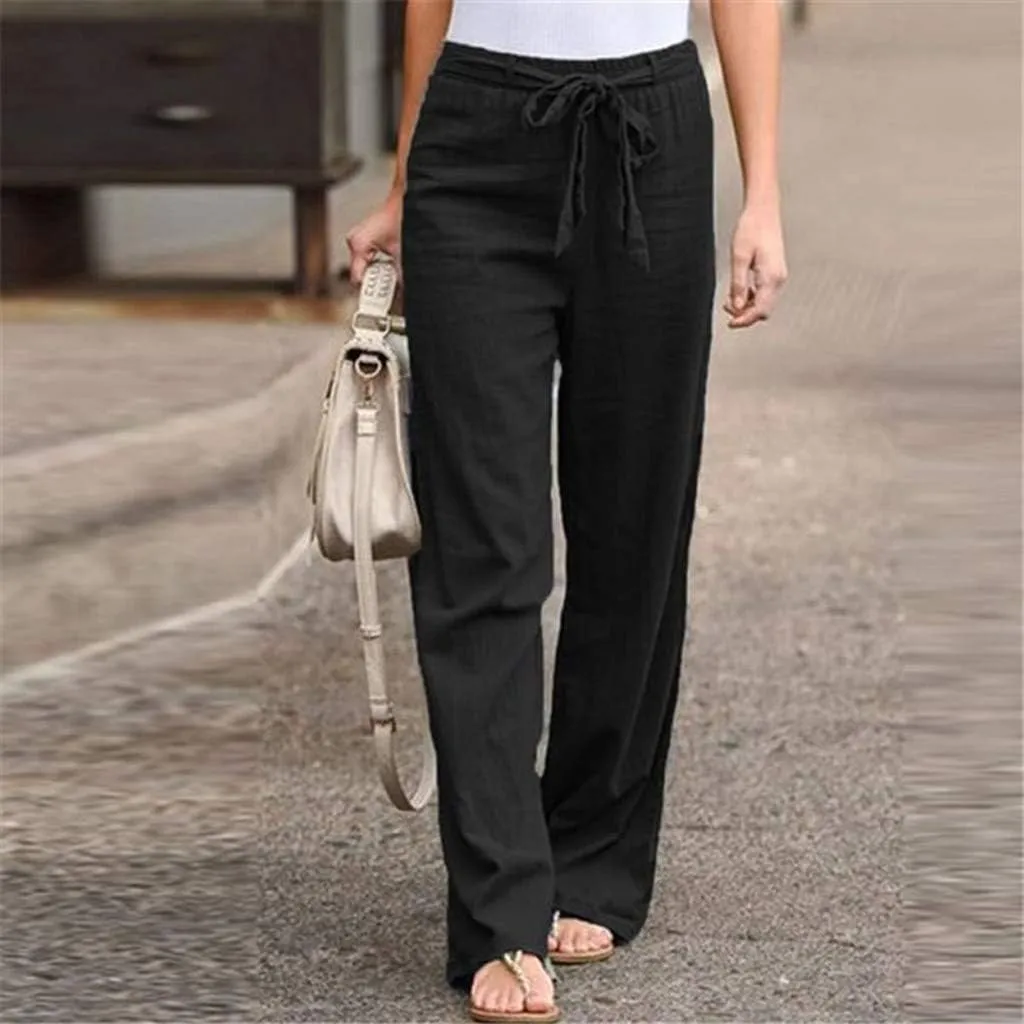 YOLAI Women Cotton Linen Trousers Elastic Waist Solid Color Long Pants Drawstring Wide Leg Pants