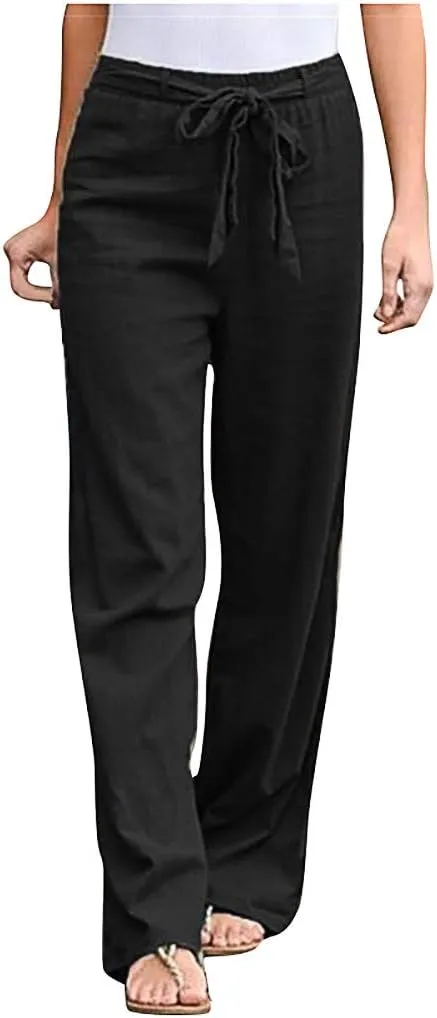 YOLAI Women Cotton Linen Trousers Elastic Waist Solid Color Long Pants Drawstring Wide Leg Pants