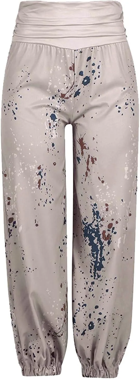 YOLAI Women Tie-dye Printed Trousers Palazzo Yoga High Elastic Waist Pants Band Loose Casual Pants