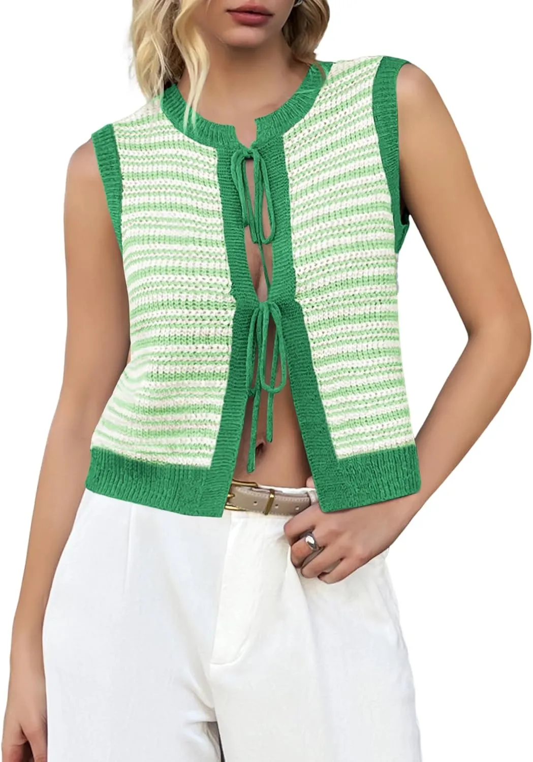 Yousify Womens Crochet Chunky Knit Tops Striped Sweater Vest Sleeveless Sweater Cardigan Bow Tie Open Front Tank Tops