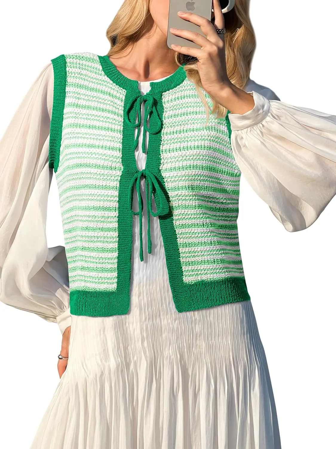 Yousify Womens Crochet Chunky Knit Tops Striped Sweater Vest Sleeveless Sweater Cardigan Bow Tie Open Front Tank Tops