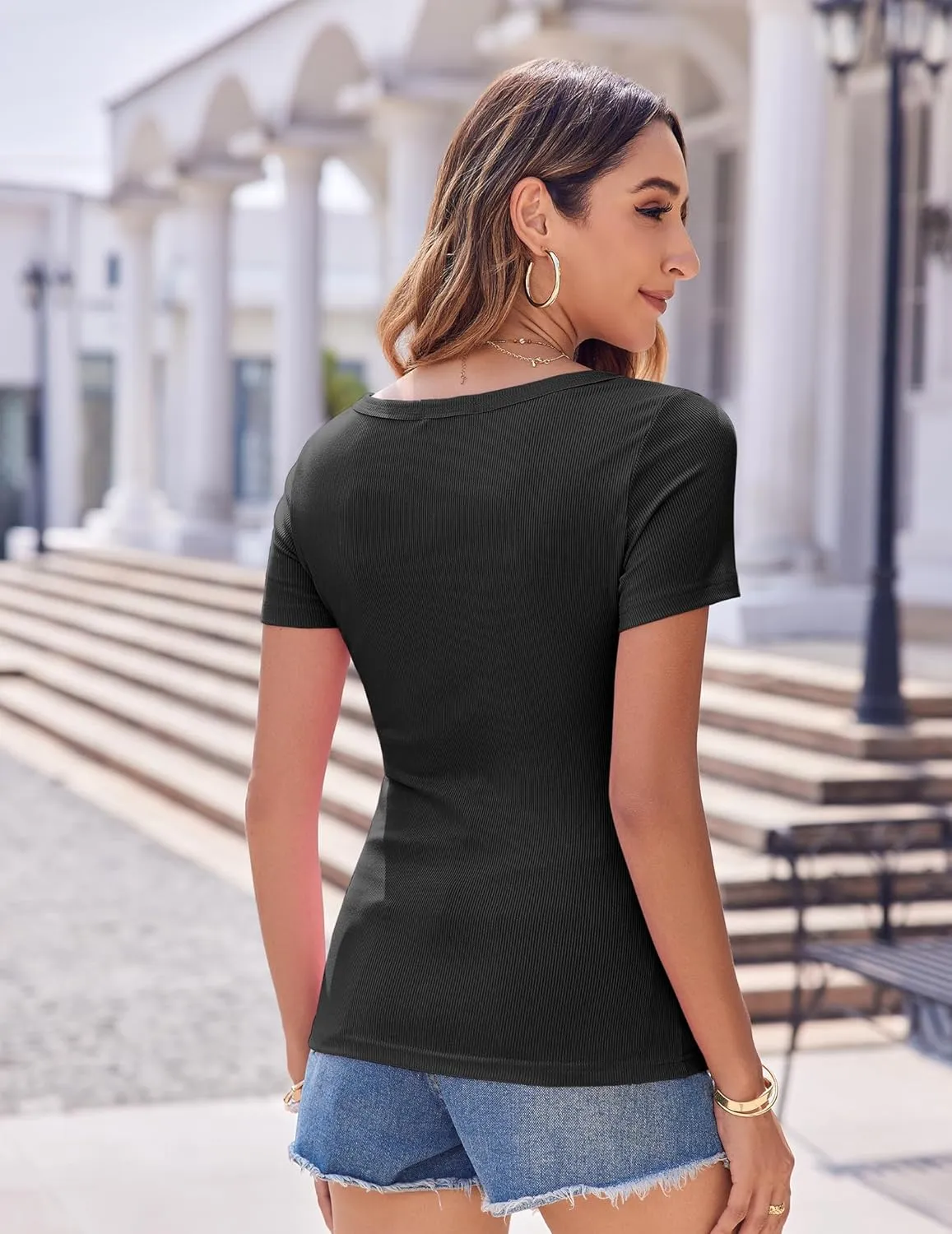 Zeagoo 3 Pack Women Tops Ribbed Square Neck T Shirts Summer Basic Trendy Slim Fit Henley Button Blouses S-2XL