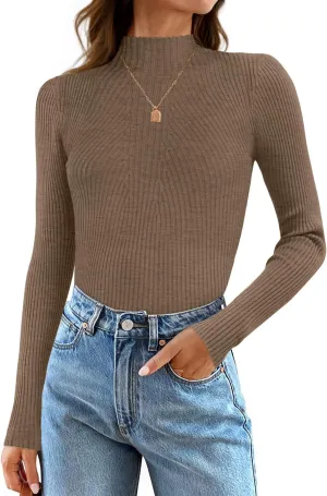 ZESICA Women's Fall Long Sleeve Turtleneck T Shirt Ribbed Knit Sweater Slim Fit Basic Casual Tee Tops