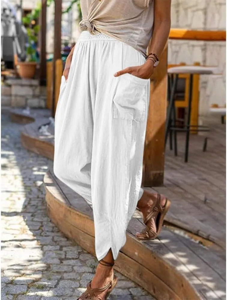 ZOCAVIA Women's Linen Harem Pants Casual Loose High Waisted Pants Smocked Beach Pants Trousers Jogger Yoga Pants with Pockets