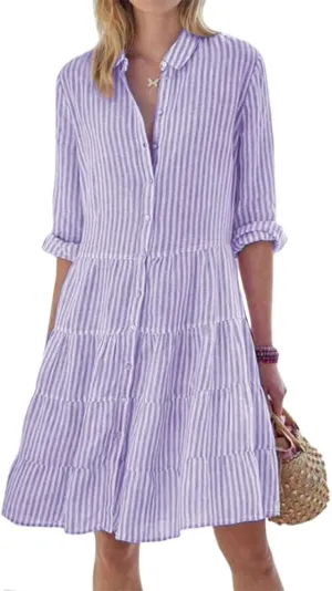 ZOCAVIA Women's Striped Shirt Dress Plus Size Long Sleeve Lapel Button Down Shirt Dress Flowy A-Line Midi Dresses Beach Dress