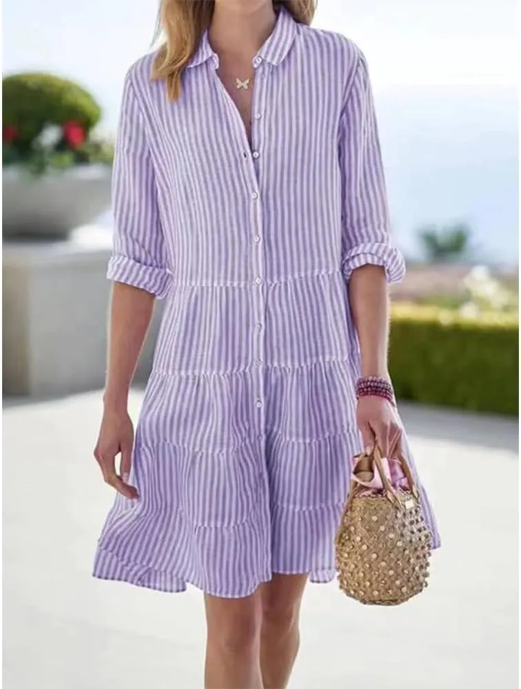 ZOCAVIA Women's Striped Shirt Dress Plus Size Long Sleeve Lapel Button Down Shirt Dress Flowy A-Line Midi Dresses Beach Dress