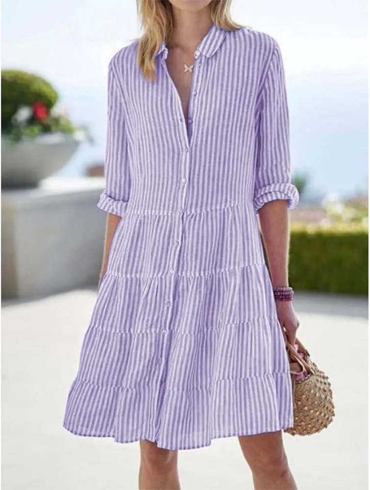 ZOCAVIA Women's Striped Shirt Dress Plus Size Long Sleeve Lapel Button Down Shirt Dress Flowy A-Line Midi Dresses Beach Dress